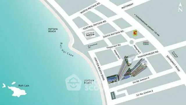Prime Pattaya real estate map showcasing proximity to beaches and key roads.