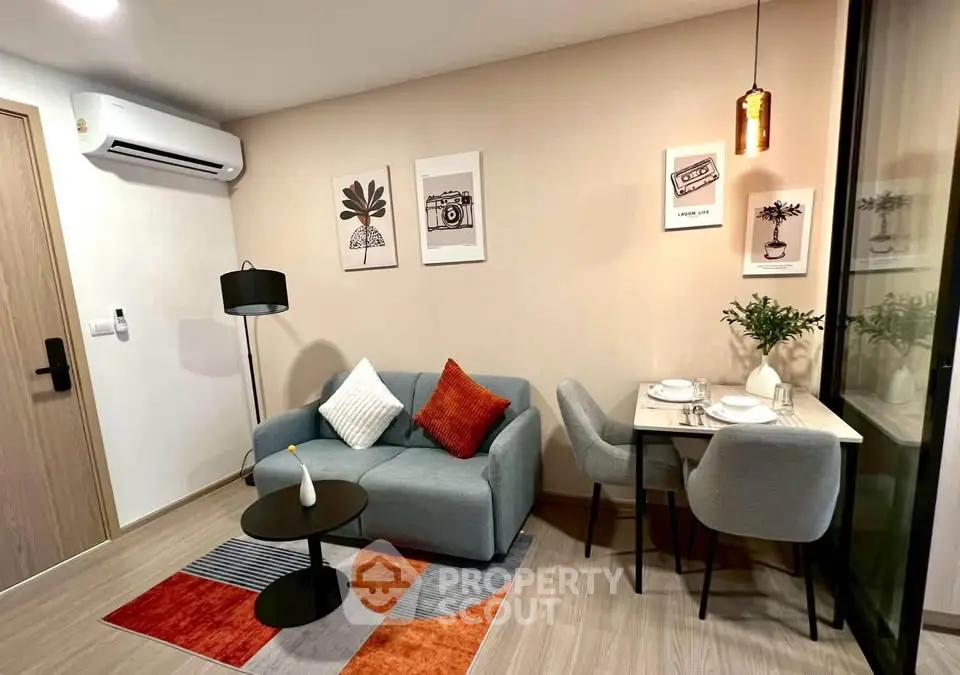 Modern living room with stylish decor and cozy dining area