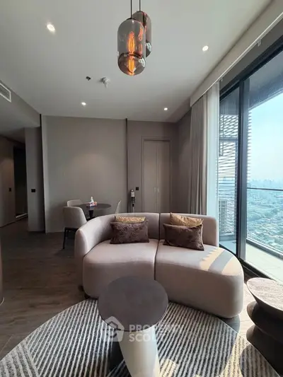 Luxurious modern living room with panoramic city view and elegant decor