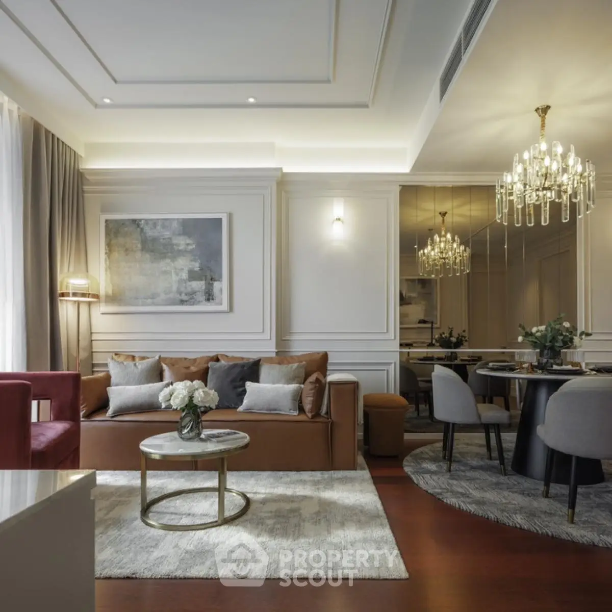 Luxurious living room with elegant decor and modern lighting