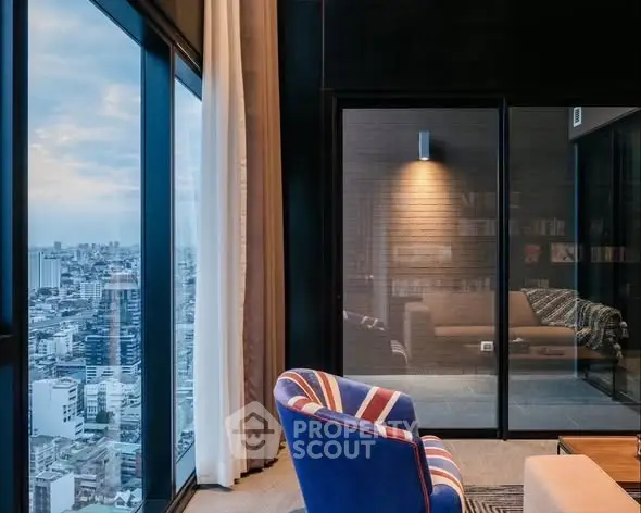 Luxurious high-rise apartment with stunning city view and stylish interior design.