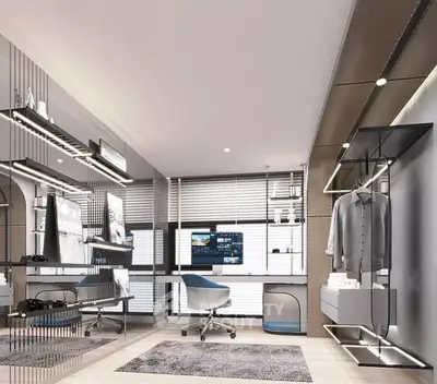 Sleek modern home office with stylish furniture, ample shelving, and a cozy rug, perfect for productivity and comfort in a luxurious setting.