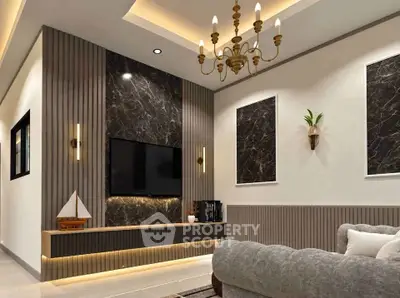 Luxurious modern living room with elegant lighting and stylish decor