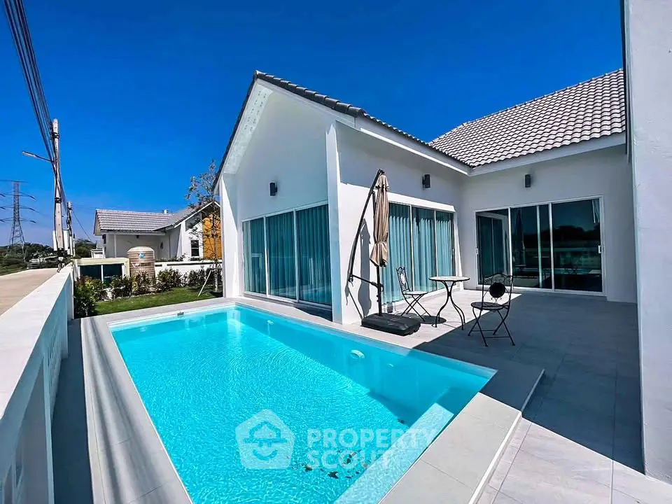 Stunning modern villa with private pool and spacious patio under clear blue sky.