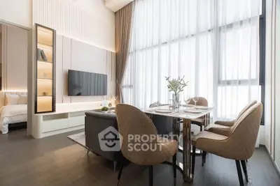 Luxurious modern living room with high ceilings and elegant dining area, featuring floor-to-ceiling windows.