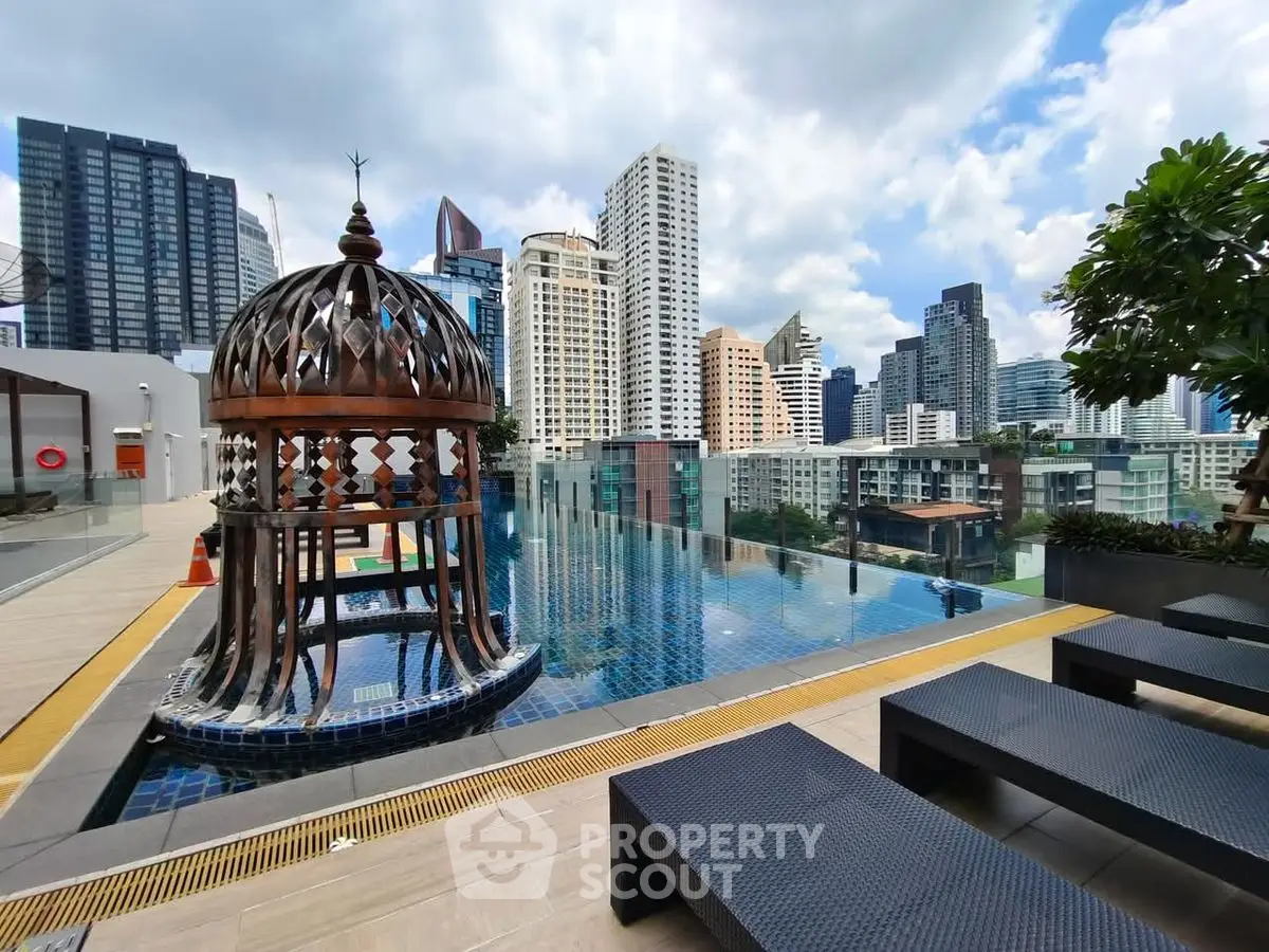 Luxurious rooftop pool with stunning city skyline view, perfect for urban living.