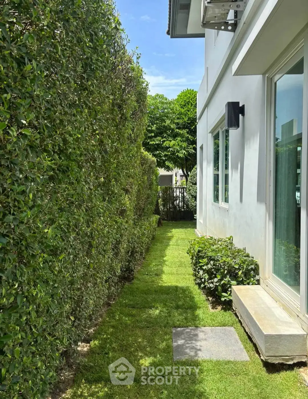 Charming side garden with lush greenery beside modern house exterior