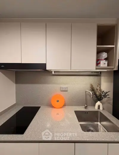 Modern kitchen with sleek cabinets and electric stove, featuring a minimalist design and elegant countertop.