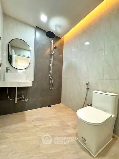 Modern bathroom with sleek fixtures and ambient lighting