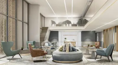 Luxurious modern living room with mezzanine and stylish furniture