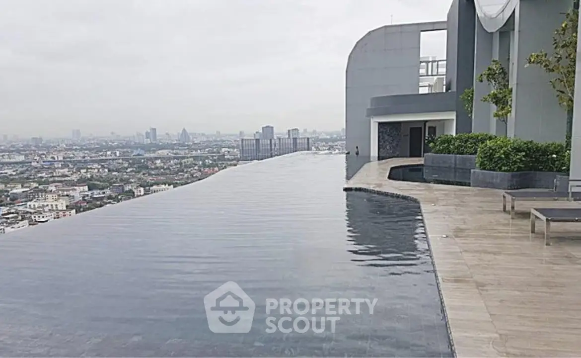 Luxurious rooftop infinity pool with stunning city skyline view, perfect for relaxation and leisure.