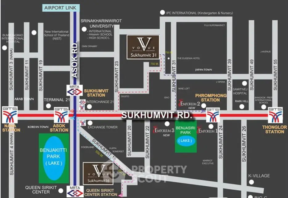 Map of Sukhumvit Road area highlighting key locations and transit stations.