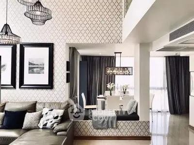 Stylish modern living room with elegant decor and open dining area