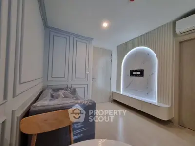 Modern living room with sleek design and built-in entertainment unit