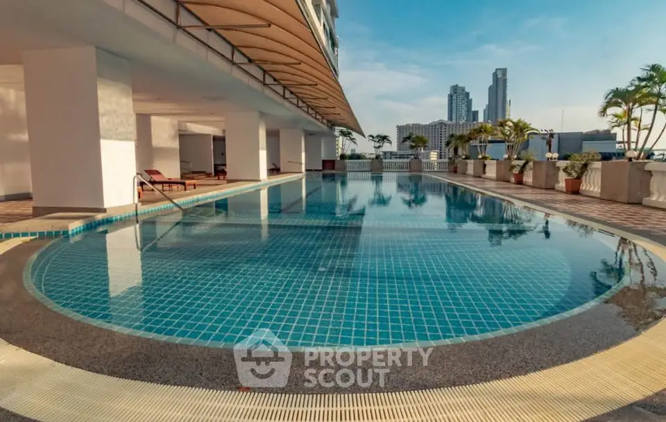 Luxurious rooftop pool with city skyline views and elegant design.