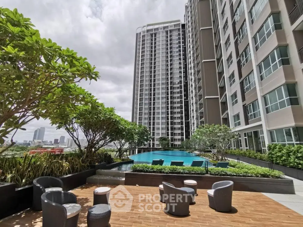 Luxurious high-rise condo with pool and city view, perfect for urban living.