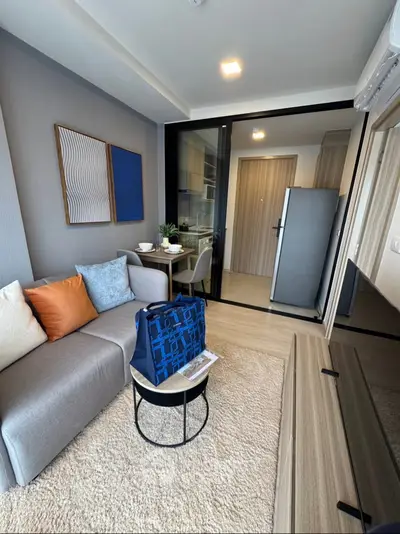 Modern living room with cozy sofa and open kitchen layout in stylish apartment.