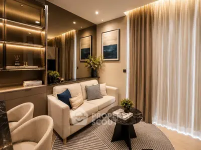 Luxurious modern living room with elegant decor and ambient lighting