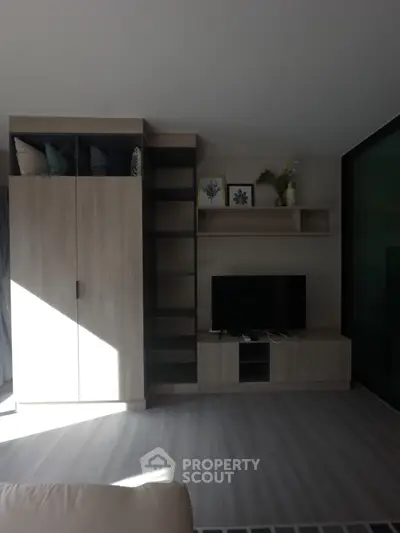 Modern living room with sleek TV unit and stylish shelving