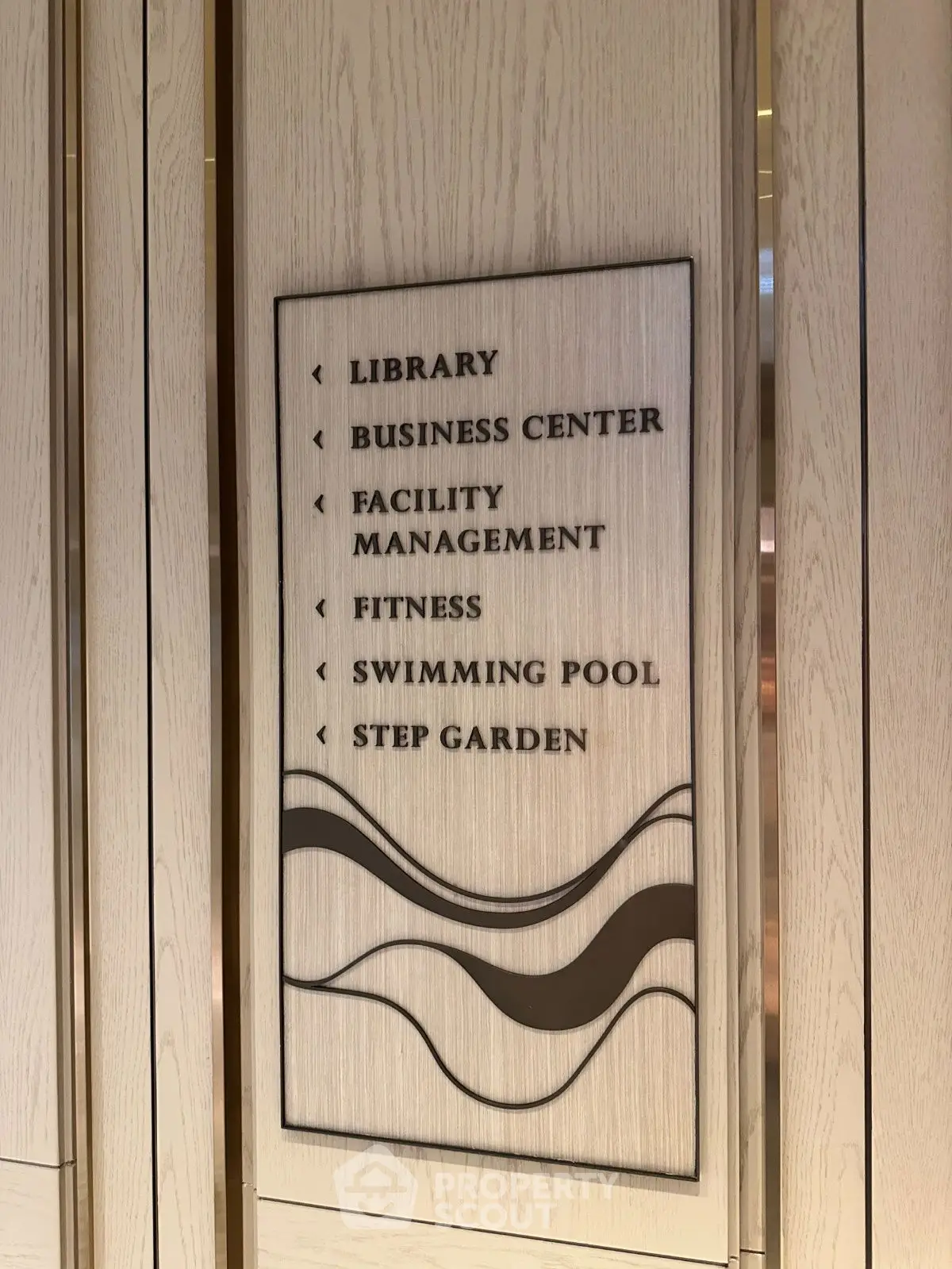 Elegant directory sign in modern building lobby with amenities listed.