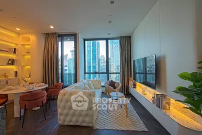 Luxurious modern living room with city view, elegant furniture, and ambient lighting in high-rise apartment.