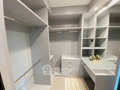 Spacious walk-in closet with modern shelving and vanity area