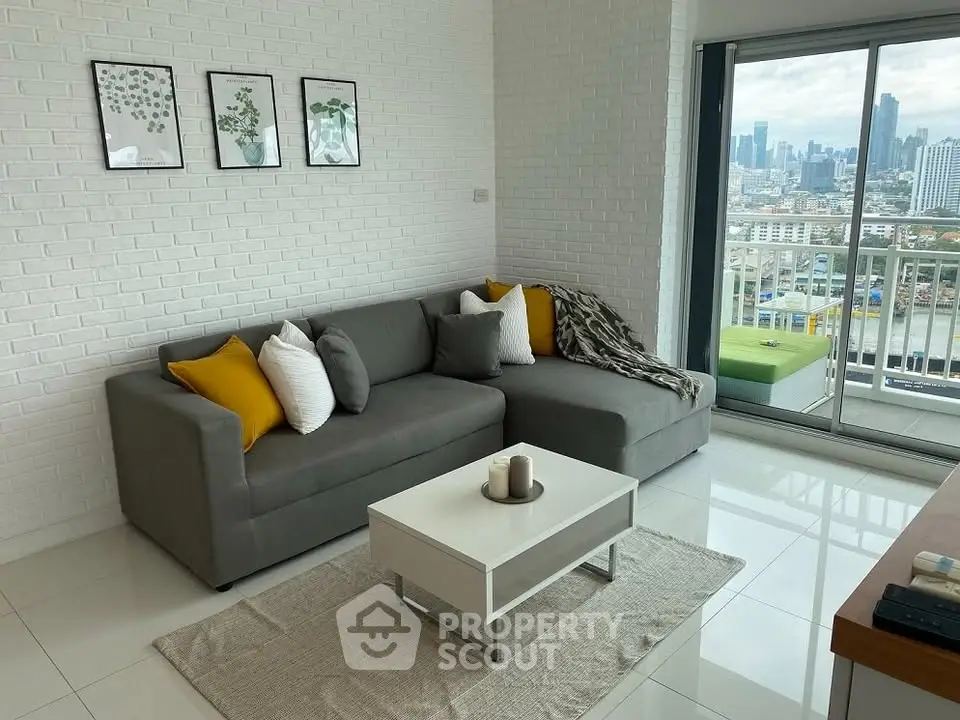 Modern living room with city view and stylish decor