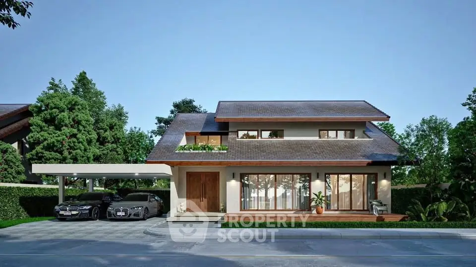 Stunning modern house with sleek design and lush greenery, featuring a spacious driveway and elegant facade.