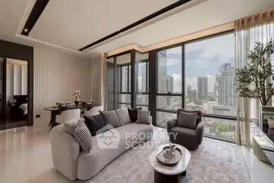 Luxurious modern living room with panoramic city view and elegant furnishings.