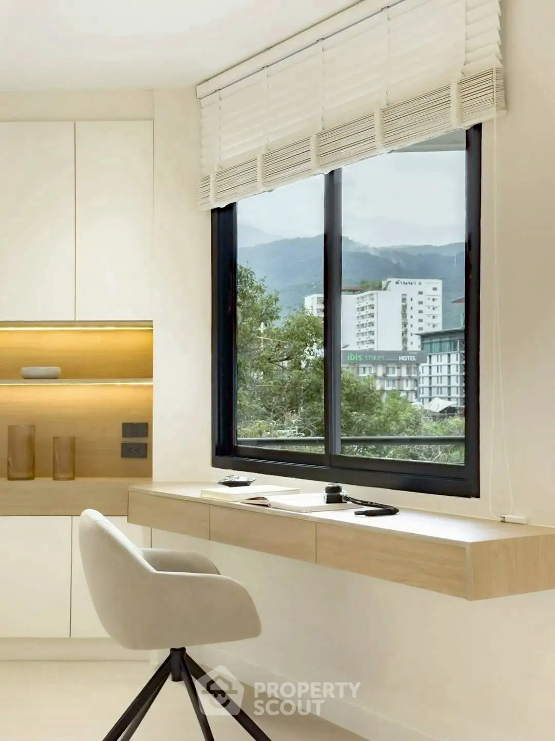 Modern study room with mountain view and sleek furniture design