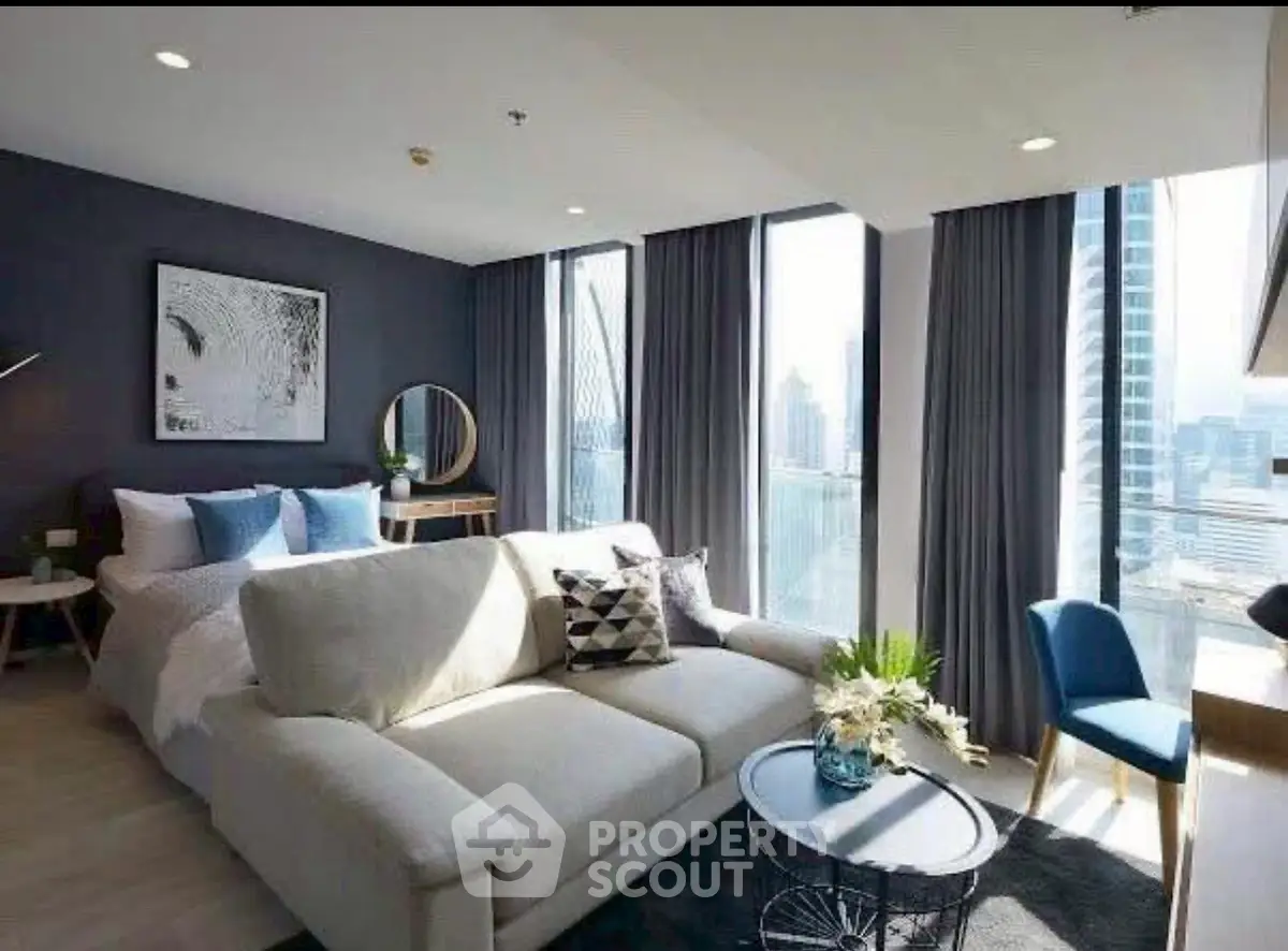Luxurious modern living room with stunning city view and elegant decor
