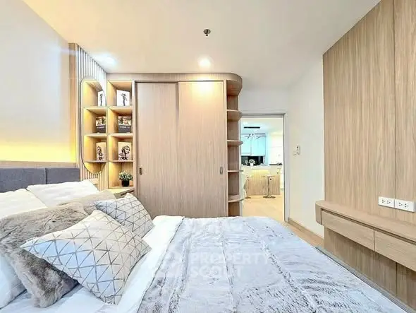 Modern bedroom with stylish wooden accents and cozy bedding