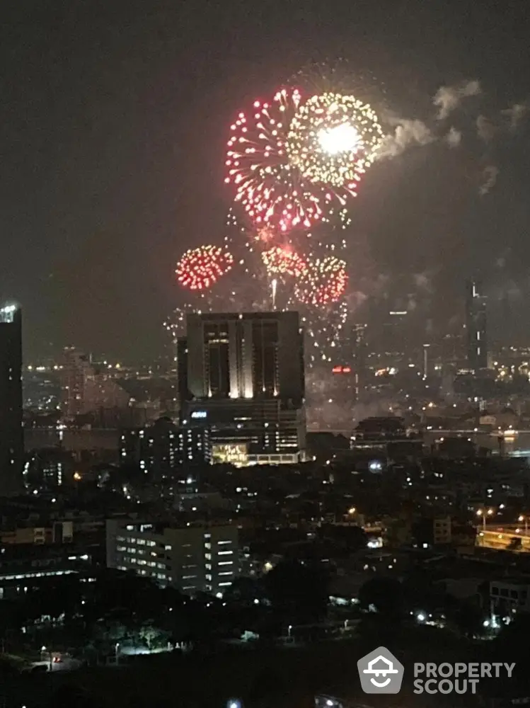 Spectacular city skyline with vibrant fireworks display illuminating the night sky