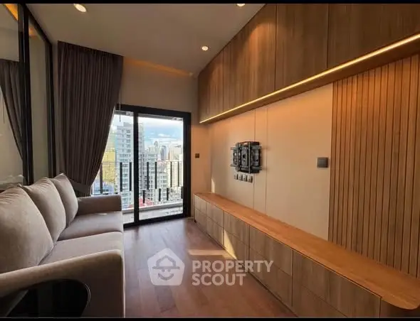 Modern living room with city view and sleek wooden paneling