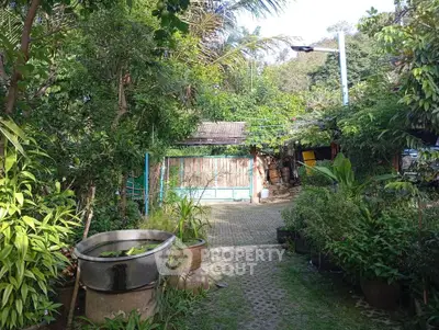 Charming garden entrance with lush greenery and rustic gate