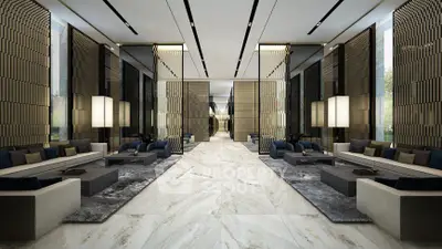Luxurious modern lobby with elegant seating and sophisticated design elements.