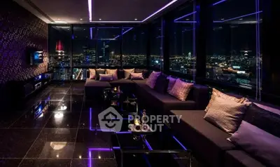 Luxurious modern living room with panoramic city view and ambient lighting