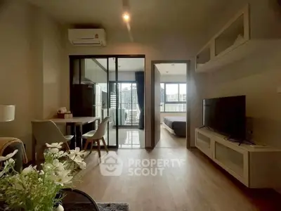 Modern apartment with open living space and city view