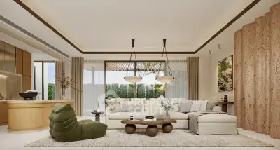 Luxurious modern living room with elegant decor and open layout, featuring plush seating and stylish lighting.
