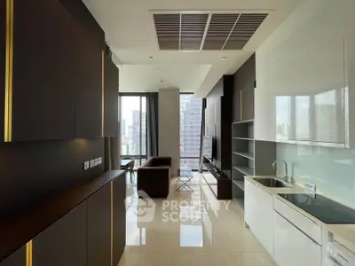 Luxurious modern living room with sleek kitchen and stunning city view