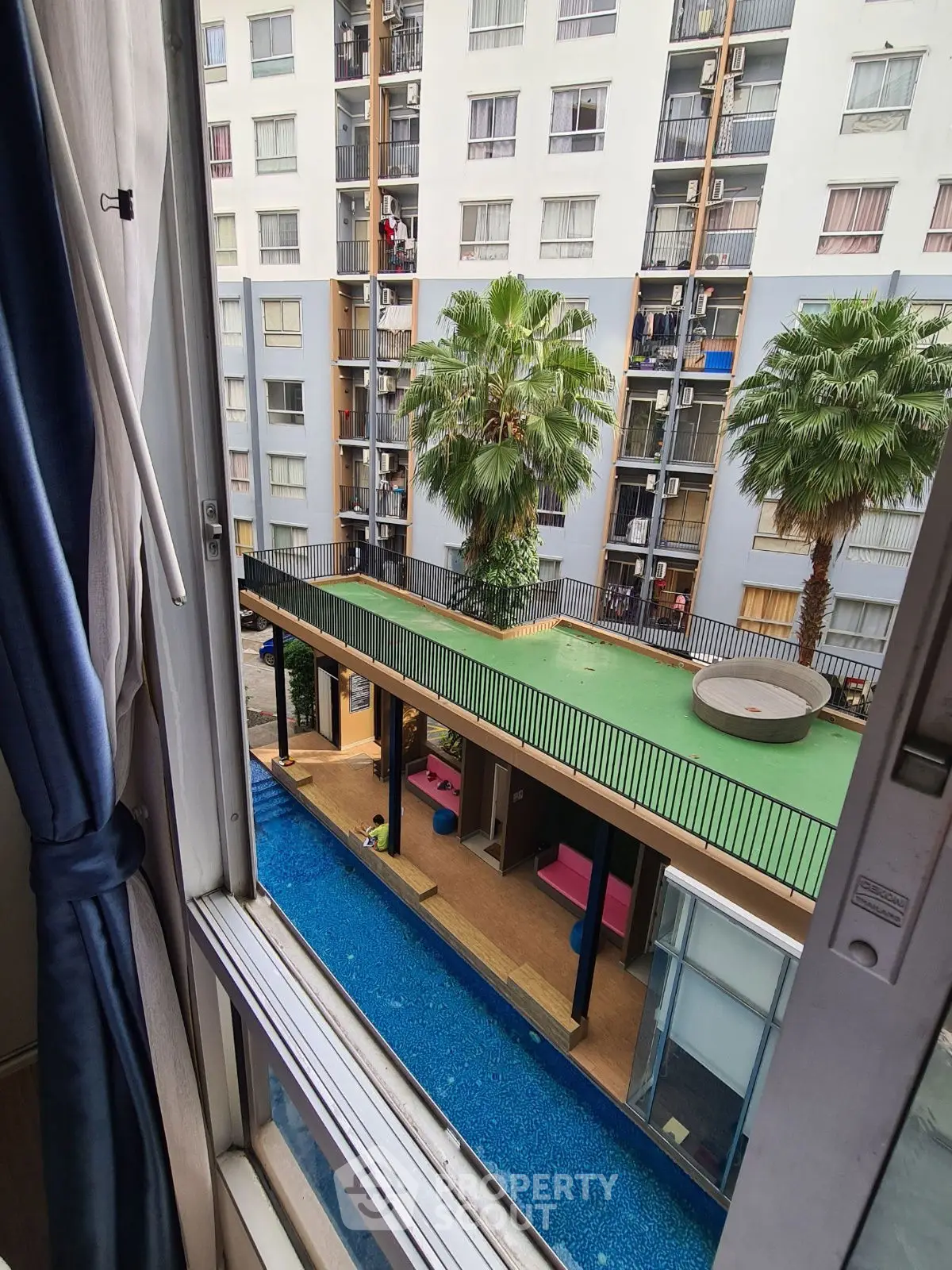 Stunning view from window overlooking modern pool and lush palm trees in urban apartment complex.