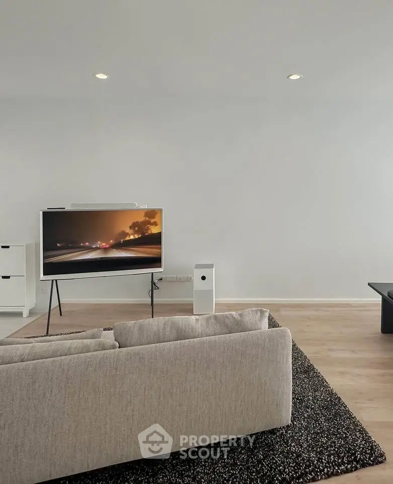 Modern living room with sleek TV setup and cozy sofa on stylish rug.