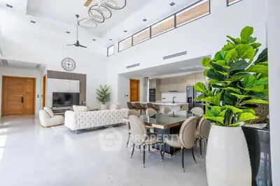 Luxurious open-plan living room with elegant decor and modern kitchen