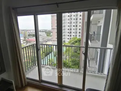 Spacious balcony with stunning city view in modern apartment