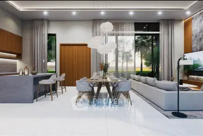 Luxurious open-plan living and dining area with modern decor and large windows.