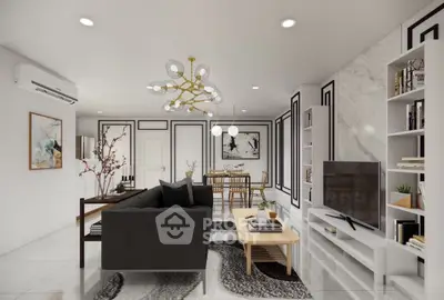 Elegant modern living room with stylish decor and open dining area, featuring a chic chandelier and contemporary furniture.