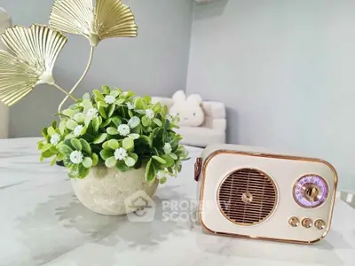 Chic interior decor with vintage radio and lush plant on marble surface, perfect for modern living room ambiance.