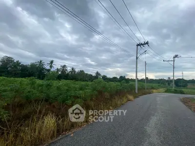 Scenic rural land with lush greenery and utility poles under a cloudy sky, ideal for development.
