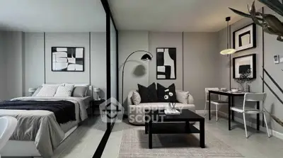 Modern studio apartment with stylish decor, featuring a cozy bed, chic living area, and elegant dining space.