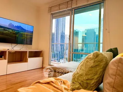 Modern living room with city view and cozy seating area